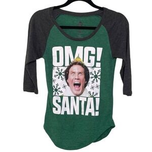 Buddy the Elf OMG SANTA! Graphic T-Shirt Baseball‎ Sleeve Colorblock Christmas S